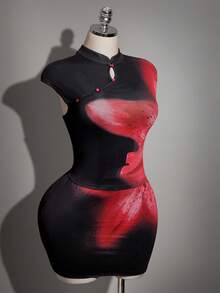 SHEIN ICON Plus Size Women's Retro Sexy Elegant Fashion Urban Modern Bold Individual Avant-Garde Valentine's Day Outfit Millennial Style Y2K New Chinese Style Mesh Black Base Red Flower Print Small Stand Collar Slim Fit Set - Black - View 8