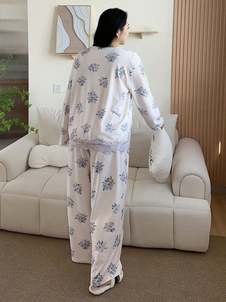Dazy Plus Plus Size Elegant & Comfortable Floral Print Long Sleeve Top And Pants Pajama Set