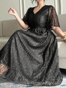 Dazy Plus Plus Size Women's Elegant Contrast Lace Waist Cinched Short Sleeve Dress, Black, Suitable For Party And Events, Spring/Summer Sundress - Black - View 1