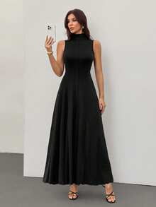 SHEIN Tall Đầm cổ cao không tay màu đen cho nữ, đầm dài mùa thu, trang phục đi biển cho nữ, đầm thanh lịch, đầm dạ hội, đầm mùa thu cho nữ, đầm dự tiệc prom, đầm, đầm dự lễ hội homecoming, trang phục đi biển cho nữ, đầm, đầm vintage, đầm đen, đầm hè cho nữ, đầm dự tiệc trà. - màu đen - Xem 1