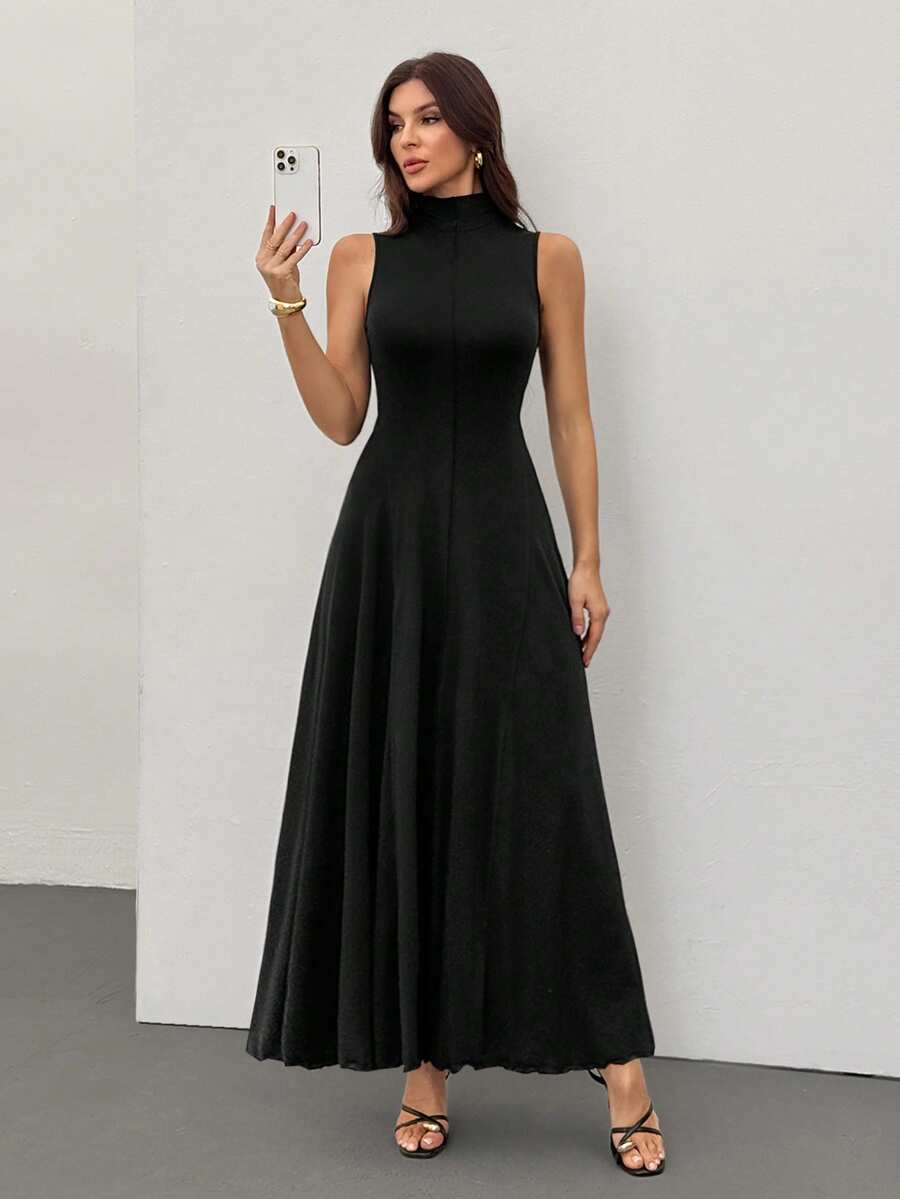SHEIN Tall Đầm cổ cao không tay màu đen cho nữ, đầm dài mùa thu, trang phục đi biển cho nữ, đầm thanh lịch, đầm dạ hội, đầm mùa thu cho nữ, đầm dự tiệc prom, đầm, đầm dự lễ hội homecoming, trang phục đi biển cho nữ, đầm, đầm vintage, đầm đen, đầm hè cho nữ, đầm dự tiệc trà. - màu đen - Xem 1