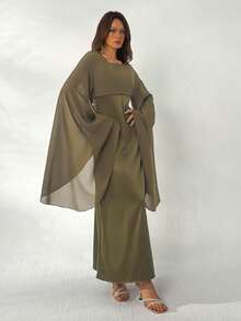 Aloruh Women's Glamorous Elegant Olive Green Autumn Party Night Chiffon Batwing Sleeve Satin Bias Skirt Maxi Dress - Khaki - View 4