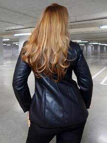 MelDlgn Plus Size Women Solid Color Lapel NeckLong Sleeve Single-Breasted PU Leather Fashion Blazer In Fall/Winter - Black - View 2