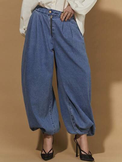 COSMINA 女士带口袋拉链纽扣褶裥休闲百搭通勤喇叭牛仔裤