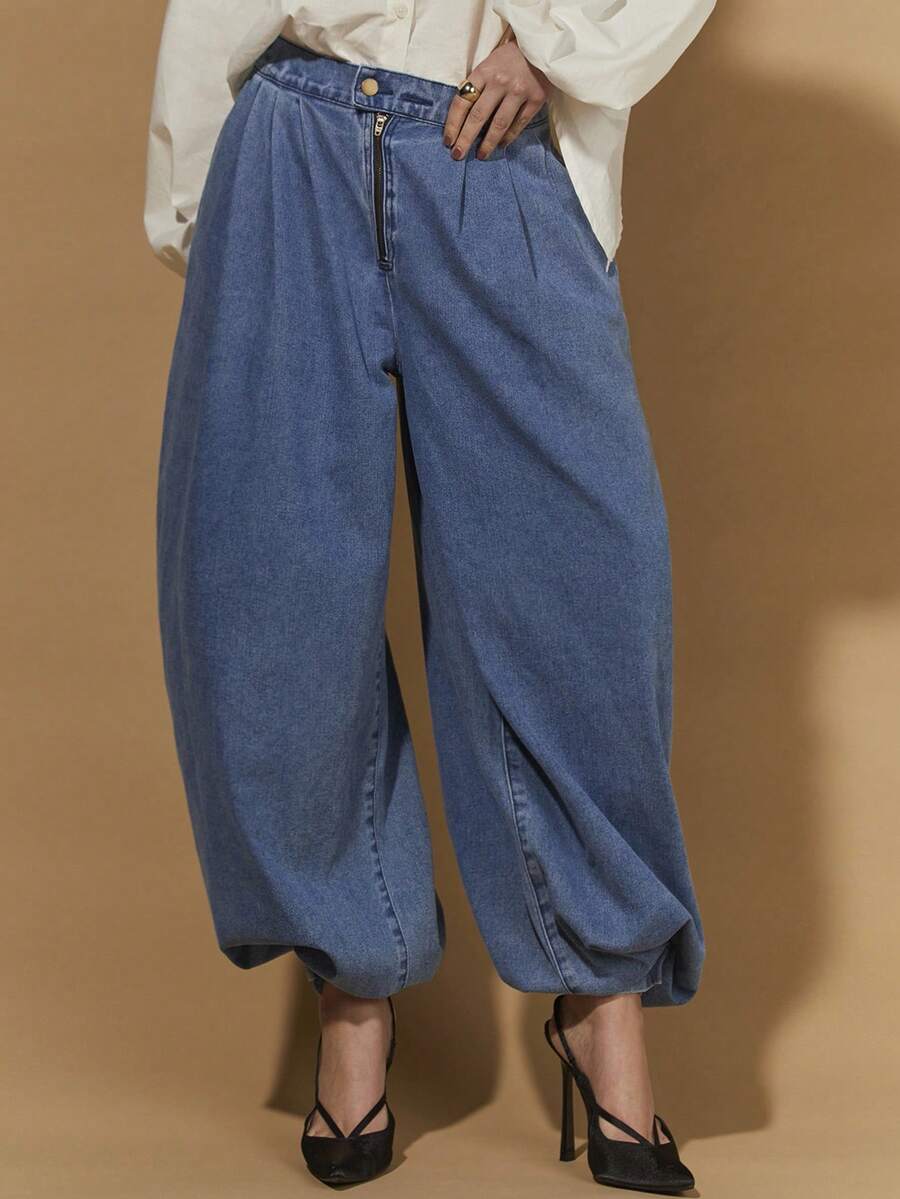 COSMINA Women's Pocketed Zipper Button Pleated Casual Versatile Commuting Flared Leg Jeans - Light Wash - View 1