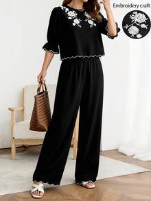 Easowa 2pcs/Set Women's Casual Floral Embroidered Frill Sleeve Blouse And Elastic Waist Wide Leg Pants Suit, Elegant Commuter Vacation Outfit, Spring/Summer - Black - View 7