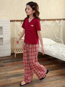 DAZY Tween Girl Letter Print Patch-Up Short Sleeve Top And Patch Pants Pajama Set - Burgundy - View 6