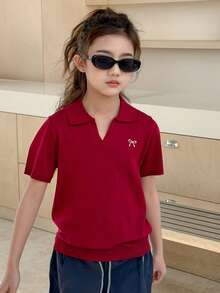 Dazy Kids Tween Girl Bow Embroidery Collar Short Sleeve Casual Knit Top - Burgundy - View 5
