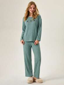 Loomlin 100%Cotton Floral & Slogan Graphic Ribbed Knit Lounge Set