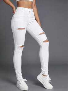 Rivivi 黑色斜插口袋破洞紧身牛仔裤 白色牛仔裤 女士高腰牛仔裤 女士破洞牛仔裤 - 白色 - 查看 4