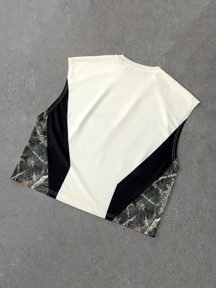 Manfinity Roghcode Men's Fashionable, Streetwear Sleeveless Tank Top, Cropped Fit, Loose Pullover Branch Camouflage Racing Pattern, Contrast Color Design, 90s Retro Streetwear, Suitable For Vintage, Punk, Y2K, Clean-Fit Enthusiasts, Rapper, Holiday Gift, Boyfriend Gift, Young Casual Commute Back To School Autumn/Winter, Great Gift For Friends - Khaki - View 4