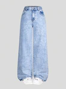 SHEIN ChillGRL Tween Girls Y2K Style Jeans, Casual Fashion Simple Versatile Jeans, Cute Bow Print, Retro Light Wash Blue Straight Leg Denim Pants - Light Wash - View 2