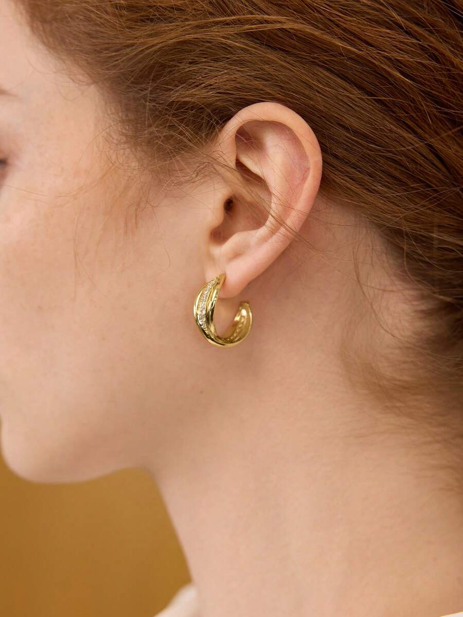 MOTF PREMIUM 18K镀金立方氧化锆简约优雅圈形耳环 - 金黃色 - 查看 1