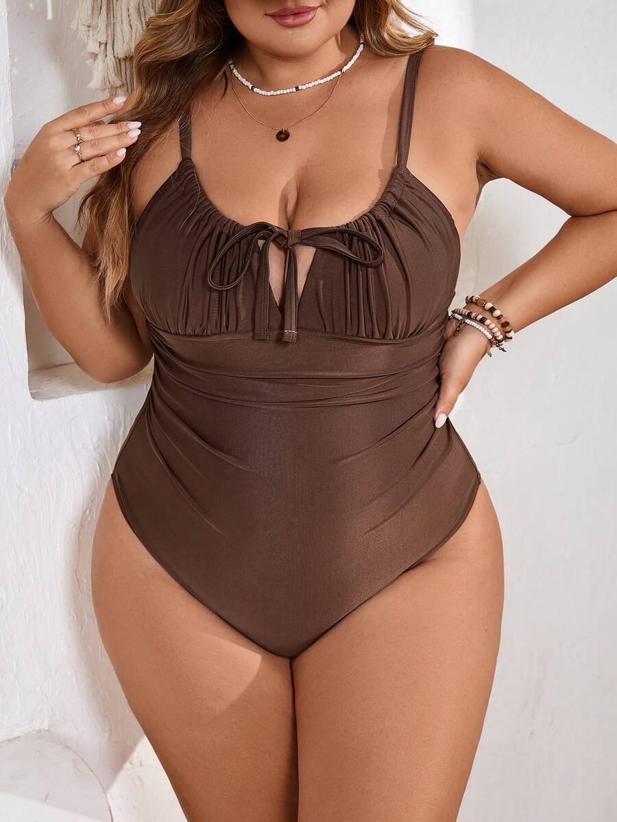 SHEIN CURVE+ Plus Size Women Coffee Color Fabric Chest Drawstring Hollow Design One-Piece Swimsuit, Suitable For Beach Vacation - Coffee Brown - View 1