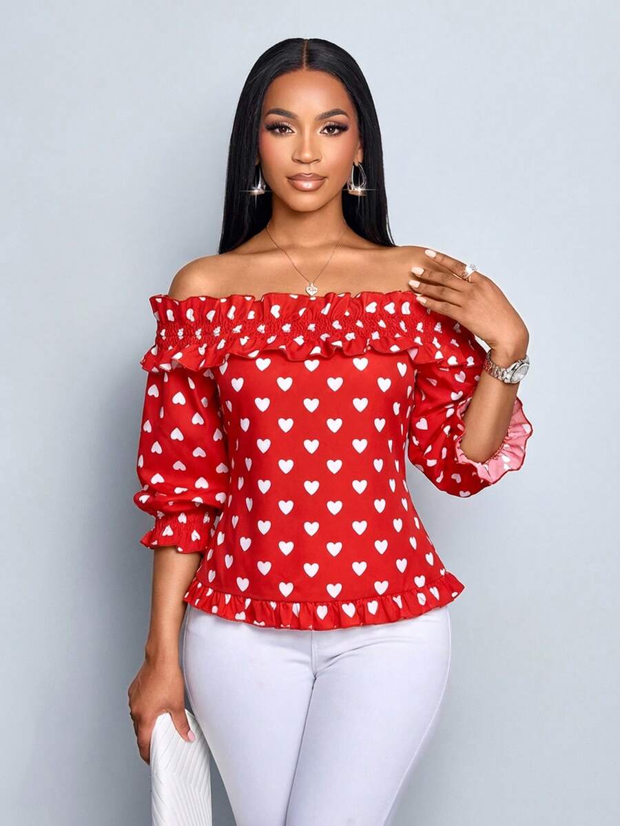 SOLERSUN Women's Elegant Off-Shoulder Ruffle Trim 3/4 Sleeve Blouse With Heart Design, Suitable For Casual Wear, Valentine's Day - Red - View 1
