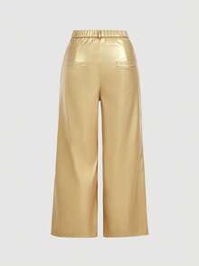 SHEIN MOD Plus Size Solid Color Patchwork Side Pocket Straight Leg Faux Leather Pants - Gold - View 2