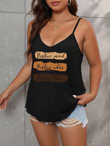 Calvaya Plus Size Letter Graphic Cami Top Positive Mind Positive Vibes Positive Life For Summer - Black - View 4