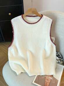 GlowEve CURVE 早春新款简约通勤百搭米色拼接酒红色手工钩边圆领宽松女式针织背心 - 米色 - 查看 7