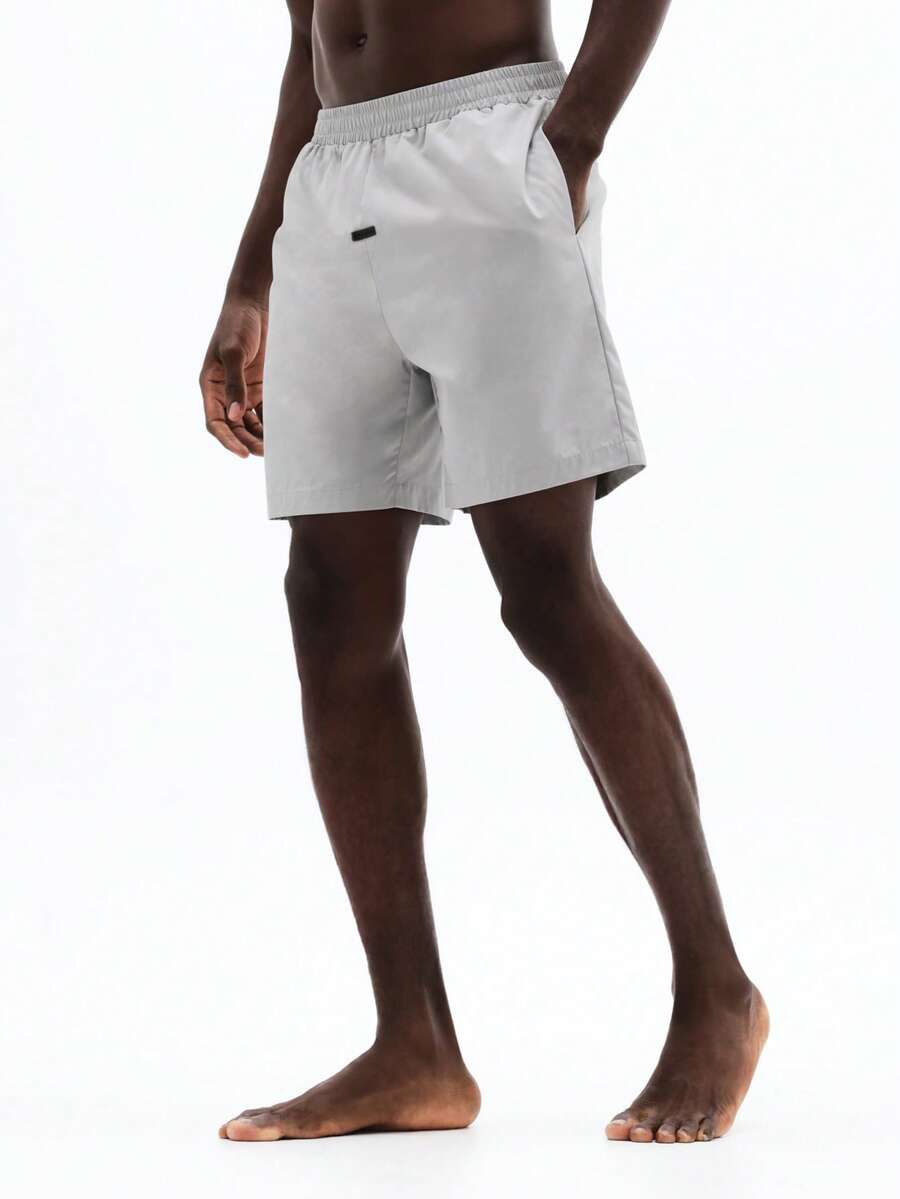 SUMWON 男士宽松版型沙滩短裤，弹性腰带，侧边口袋，夏季沙滩泳裤，及膝休闲泳装 - 灰色 - 查看 1