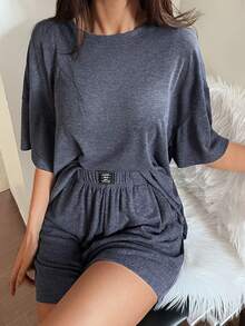 DAZY Minimalist Knitted Letter Decor Loose Women Pajama Set - Grey - View 1