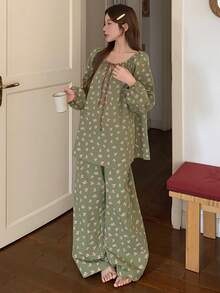 DAZY Ditsy Floral Ruched Drawstring Neck Lantern Sleeve Loose Women Pajama Set - Green - View 8