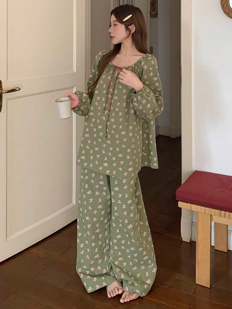 DAZY Ditsy Floral Ruched Drawstring Neck Lantern Sleeve Loose Women Pajama Set - Green - View 8