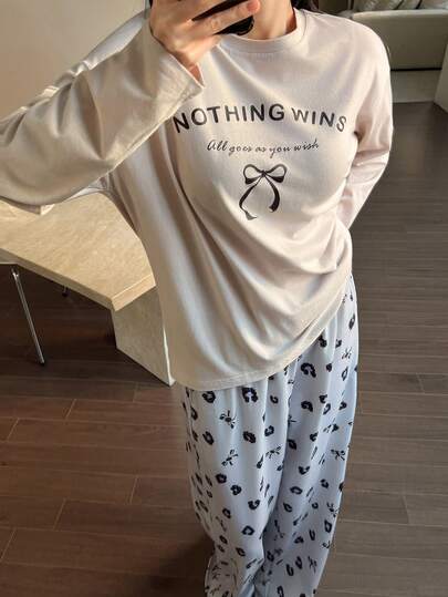 DAZY 两件套女士蝴蝶图案宽松长袖T恤和豹纹睡裤套装