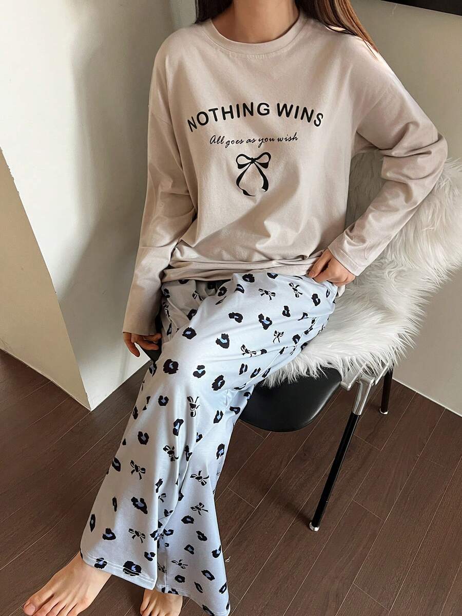 DAZY 两件套女士蝴蝶图案宽松长袖T恤和豹纹睡裤套装 - 藍色 - 查看 1