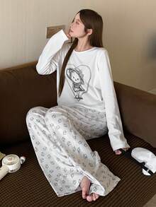 DAZY Cartoon Print Loose Women Pajama Set, White - White - View 5