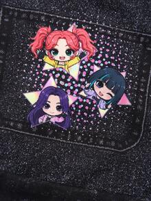 SHEIN 少女针织星形印花背带裤，时尚返校装，个性百搭，适合春、夏、秋季穿着 - 黑色 - 查看 7