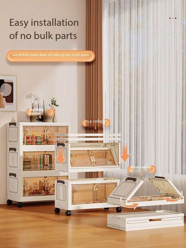 1pc 45cm/17.7in Wide Folding Storage Cabinet, 1-5 Tiers Optional, Thickened Double Door With Wheels, Toolless Home Organizer Rack For Clothes, Toys, Plastic Foldable Storage Cupboard