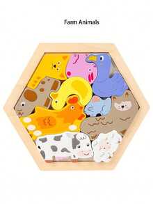 1件装木制创意3D拼图积木，包含交通、动物和水果图案，兼具认知和拼图功能，创意主题卡通叠叠乐玩具 - 彩色 - 查看 9