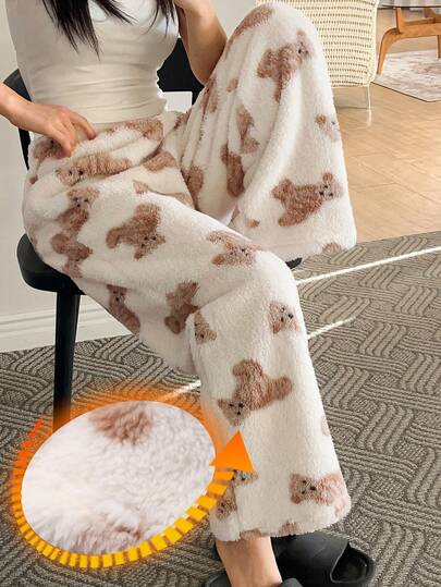 DAZY Pantalones rectos con estampado de oso de peluche para mujer