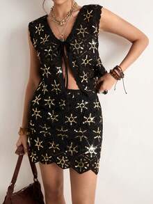 Freevana Bohemian Apricot Contrast Sequin Crochet 2-Piece Set: Sleeveless V-Neck Tie Vest + High Waist Ruffle Hem Mini Skirt, Niche Design Vacation Style Early Spring - Multicolor - View 1