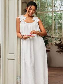 Freevana Plus Size Elegant Floral 3D Print Sleeveless Dress, Summer - White - View 6