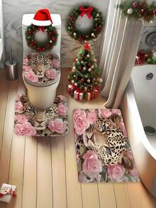 Conjunto de cortina de ducha con estampado de leopardo y rosa rosa con 12 ganchos en forma de C - Impermeable, lavable a máquina, estampado animal - Alfombra de baño impermeable y antideslizante, tapa de inodoro y juego de alfombra en forma de U Cortina de baño de 4 piezas - Juego de cortinas de baño decorativas de dibujos animados lavables a máquina, este es un conjunto de suministros decorativos de baño para fiestas adecuado para todas las temporadas y es el regalo perfecto de vacaciones para amigos y familiares. - Multicolor - Ver 8