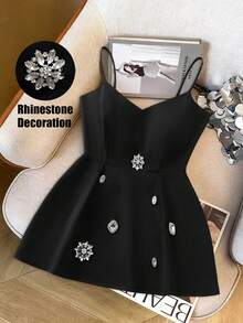 Franclia 优雅性感水钻装饰修身收腰吊带背心，2026新款时尚女式衬衫 - 黑色 - 查看 2