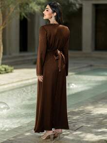 Layrah Coffee Brown Satin Handmade Beaded Embellished Arabic Style Maxi Dress