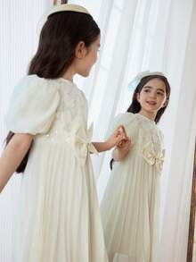 1pc Girls Princess Apricot White Dress,Summer Traditional Wedding,Embroidered Sequin Fabric,Lantern Puff Sleeves,Layered Ruffle Hem,Front Bow Decor - Apricot - View 9