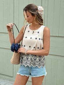 Serisse Áo nữ dáng rộng xếp ly in hoa, không tay, phong cách nghỉ hè, áo kiểu bohemian cổ tròn không tay dáng rộng cho kỳ nghỉ hè. - Màu be - Xem 5