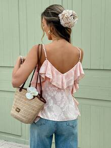 Serisse Women's Elegant Dusty Pink Summer Textured Ruffle Strap Camisole Top,French Lace V-Neck Asymmetric Top,Casual Y2K Dining Beach Party Top - Dusty Pink - View 2