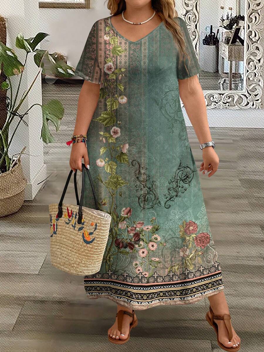 Mellowie Casual Retro Elegant Floral Print Plus Size Women's Minimalist V-Neck Short Sleeve Maxi Dress, Suitable For Summer Spring - Multicolor - View 1