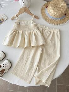 LMoss Kids 女婴花卉刺绣吊带娃娃衫和阔腿裤套装，休闲假日风 - 米色 - 查看 2