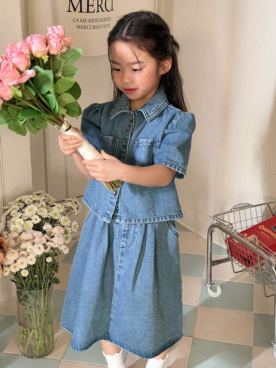 DAZY 少女休闲牛仔套装：泡泡袖衬衫和迷你裙