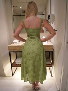 Livesso 女士纯色提花面料A字优雅收腰长款夏季度假连衣裙 复活节 - 綠色 - 查看 2