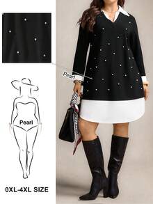 Zelara 大码时尚通勤撞色串珠装饰连衣裙 - 黑與白 - 查看 6