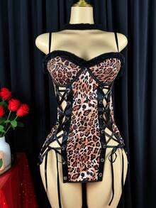 SHEIN 2pcs Leopard Print Hollow Out Lace-Up Sexy Nightgown Set For Women - Multicolor - View 7