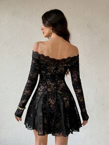 SHEIN Tall Black Lace Off Shoulder Bodycon Mini Dress, Elegant Sexy Women's Long Sleeve Lace Dress, Black Lace Dress, Elegant Little Black Dress - Black - View 2