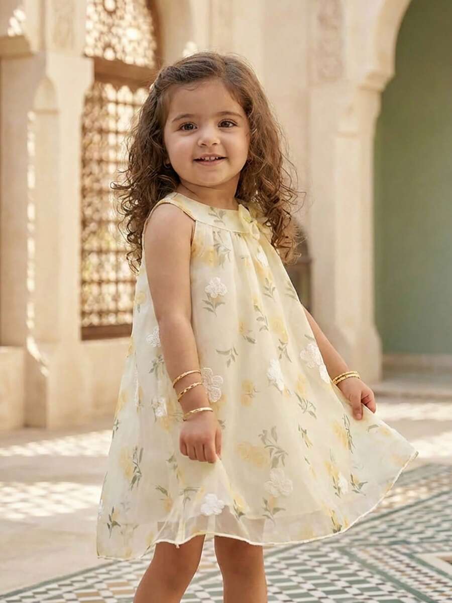 SHEIN Vintaside Kids 女婴无袖刺绣花卉连衣裙，甜美风格，优雅公主造型，适合节日和聚会 - 金色 - 查看 1