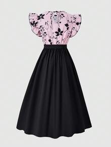 SHEIN ChillGRL Elegant Short Floral Print Dress For Teen Girls, Ruffle Sleeve, Sheer Lace Trim V-Neck, With Bow, Flared Skirt - Black - View 2